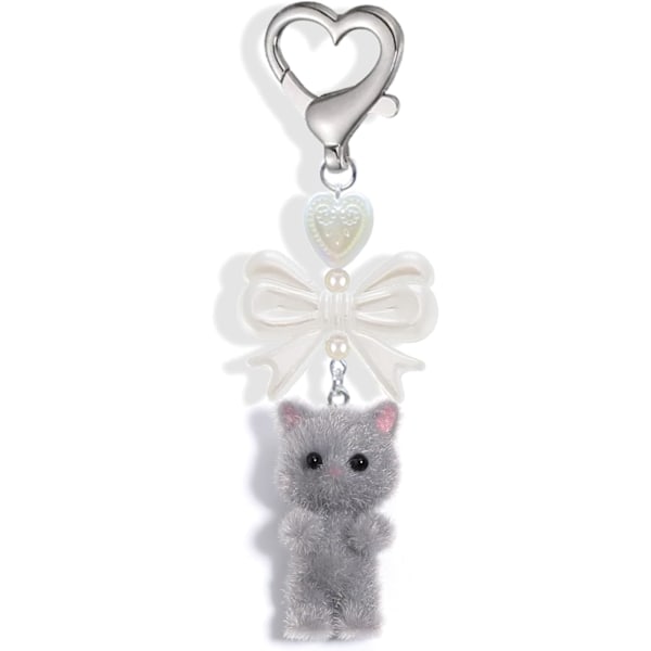 Söt Katt Nyckelring, Luddig Kitty Cat Dekorationspresenter Kattälskare Hjärta Rosett Hängsmycke Kvinnor Flickor Kawaii Katt Väska Charm Grey