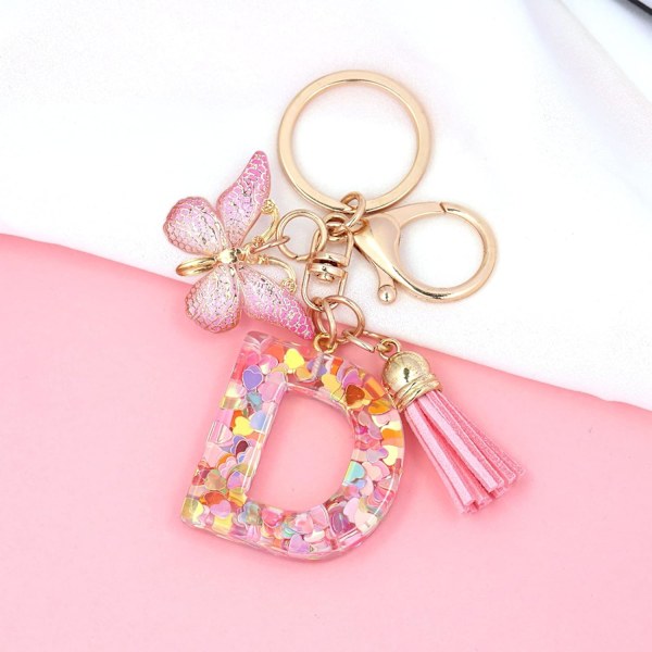 Mode Alphabet Initial Bogstav Nøglering Tassel Butterfly Vedhæng Nøglering til Pung Håndtasker Kvinder Pige Pink Butterfly Letter D