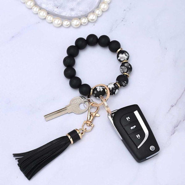 Silikonperle Armbånd Nøglering Håndledsrem Nøglering Bangle Kæder til Kvinder med Læder Kvast Flower Black