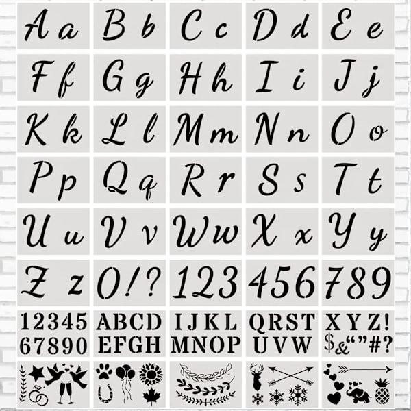 DIY uudelleenkäytettävä muovinen aakkoskirjain stencil numerostensil, jossa on isoja ja pieniä kirjaimia, numeroita ja merkkejä (40 kpl)