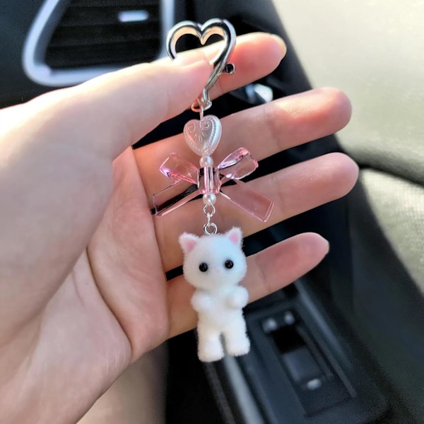 Söt Katt Nyckelring, Luddig Kitty Cat Dekorationspresenter Kattälskare Hjärta Rosett Hängsmycke Kvinnor Flickor Kawaii Katt Väska Charm White