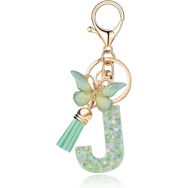 Mode Alphabet Initial Bogstav Nøglering Tassel Butterfly Vedhæng Nøglering til Pung Håndtasker Kvinder Pige Green Butterfly Letter J