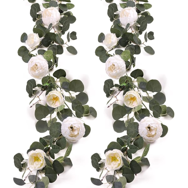 Konstgjorda Eucalyptusgirlander med Blomma, 8 Huvud Pionblommor Rankor, Gröna Blomgirlander Dekoration för Bröllopsbåge, Vägg Bakgrund, Bröllop white
