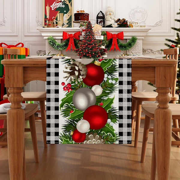 Linne Röd och Svart Buffelrutig Julbordstablett 108 Tum Lång Säsongsbetonad Vinter Jul Jul Julhelg B