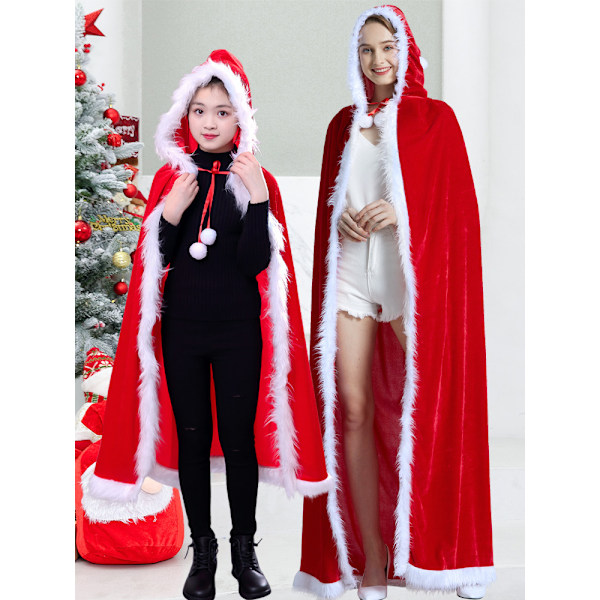Julröd Sammetskappa med Huva för Barn och Vuxna - Lång Lugg, en Underbar Dekoration för Julklädsel Length 150 (suitable for 150-170cm)
