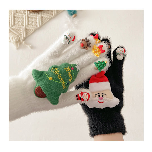 Julehandsker til Mænd og Kvinder i Vinter - Bløde og Varme Fem - fingers Handsker med Dukke Design til Udendørs Kørsel og Studerende, Sort White