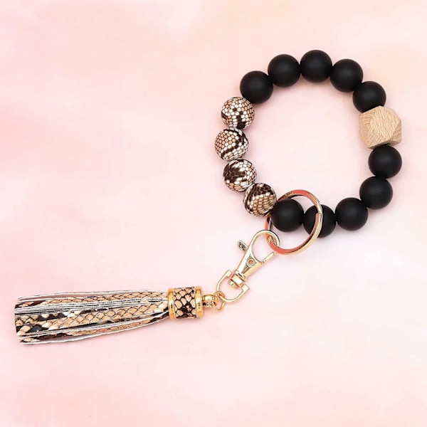 Silikonperle Armbånd Nøglering Håndledsrem Nøglering Bangle Kæder til Kvinder med Læder Kvast Snakeskin