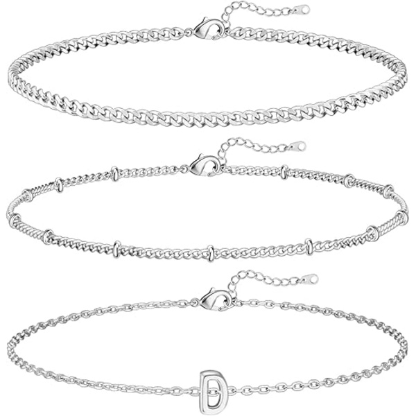 3 kpl valkokultaiset nimikirjainrannekkeet naisille, sirot 14K kultaiset rannekorut, kirjainlinkin riipus, A-Z-monogrammi, rannekoru, tahraamaton koru D