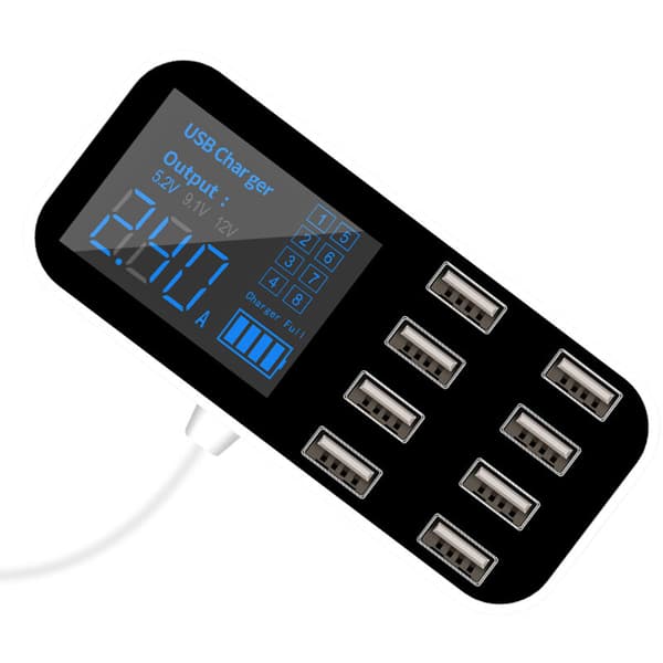 A9S Rask billader, 8-ports multifunksjonell USB-telefonlader med LCD-skjerm, 12V USB-hub, egnet for telefoner