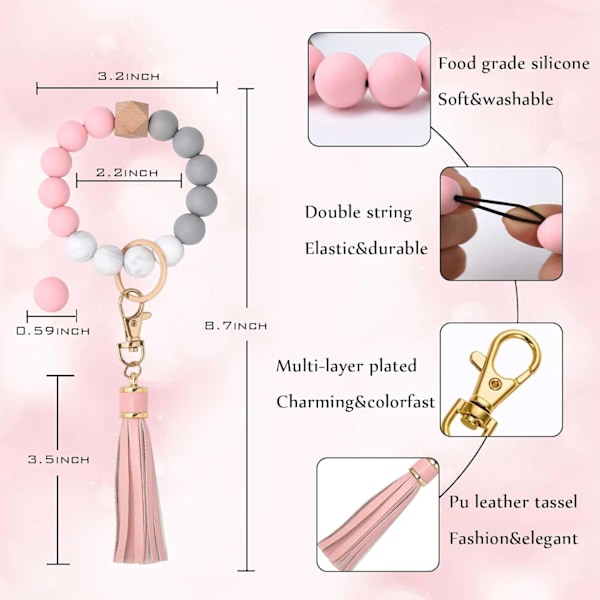Silikonperle Armbånd Nøglering Håndledsrem Nøglering Bangle Kæder til Kvinder med Læder Kvast Pink