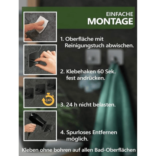 Selvklæbende vægkroge i rustfrit stål, sorte, stærk bæreevne, ingen boring nødvendig til badeværelse og køkken 6pcs