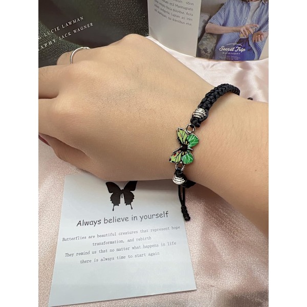 Altid tro på dig selv Sommerfugl Armbånd, Justerbare Håndvævede Armbånd til Kvinder, Søde Sommerfugl Charm Armbånd Black Green