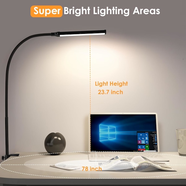 LED-skrivbordslampa med klämma, ögonvänliga klämlampor för hemmakontor, 3 färger full ljusstyrka, flexibel svanhals USB-adapter bordslampa, svart