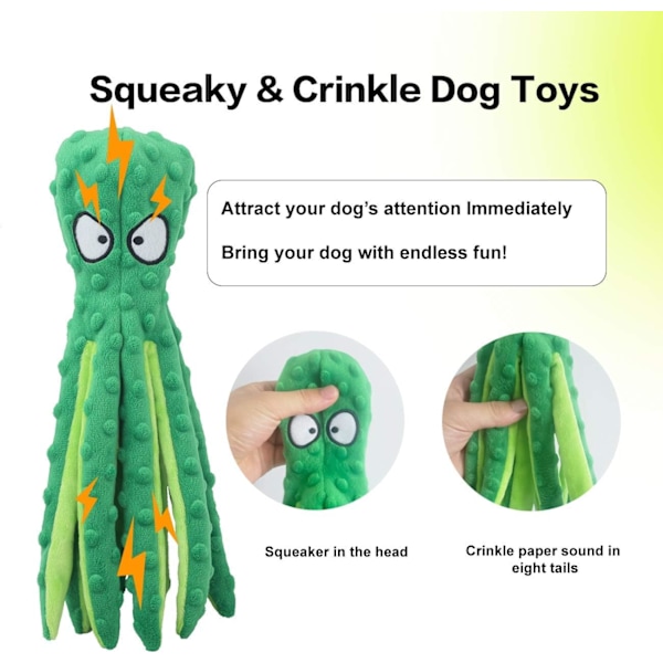 Hunde Squeaky Legetøj Blæksprutte - Fyldfri Krøllede Plyslegetøj til Hvalpe Tandspredning, Holdbare Interaktive Tyggelegetøj til Små, Mellemstore og Store Hunde Træning Orange+Green