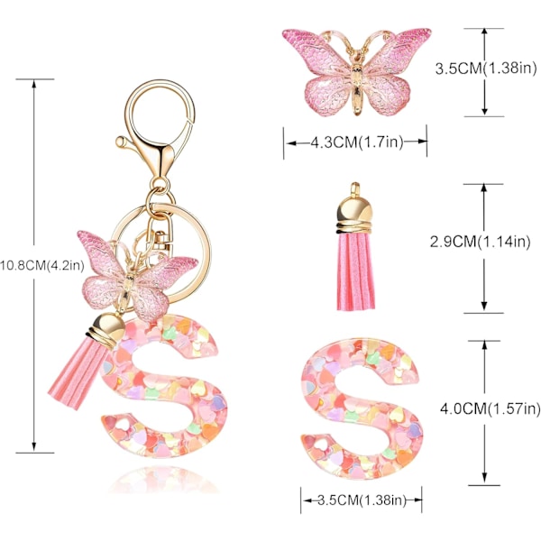 Mode Alphabet Initial Bogstav Nøglering Tassel Butterfly Vedhæng Nøglering til Pung Håndtasker Kvinder Pige Pink Butterfly Letter S