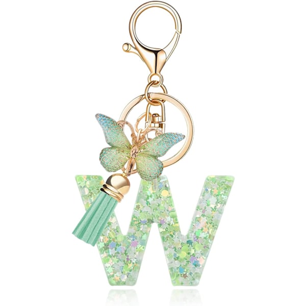 Mode Alphabet Initial Bogstav Nøglering Tassel Butterfly Vedhæng Nøglering til Pung Håndtasker Kvinder Pige Green Butterfly Letter W