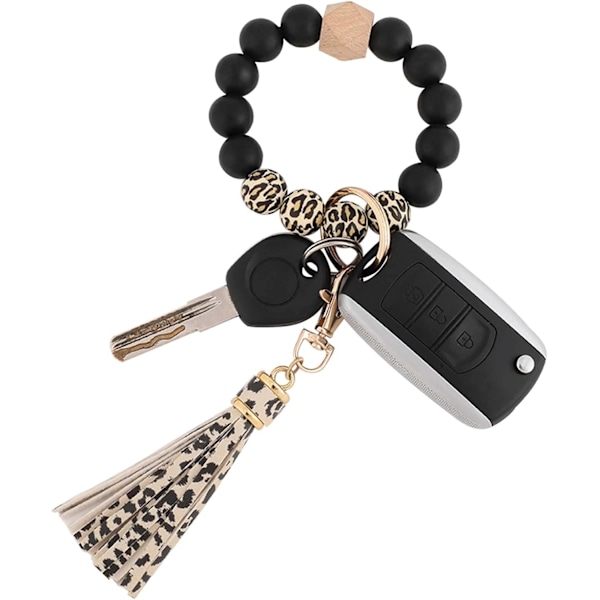 Silikonperle Armbånd Nøglering Håndledsrem Nøglering Bangle Kæder til Kvinder med Læder Kvast Leopard