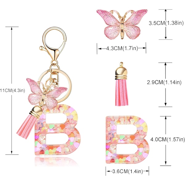 Mode Alphabet Initial Bogstav Nøglering Tassel Butterfly Vedhæng Nøglering til Pung Håndtasker Kvinder Pige Pink Butterfly Letter B
