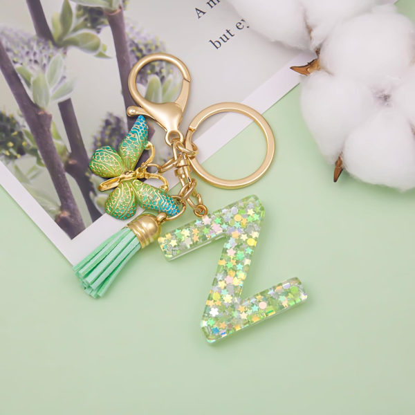 Mode Alphabet Initial Bogstav Nøglering Tassel Butterfly Vedhæng Nøglering til Pung Håndtasker Kvinder Pige Green Butterfly Letter Z