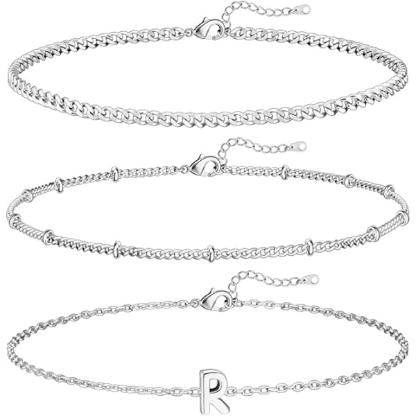 3 kpl valkokultaiset nimikirjainrannekkeet naisille, sirot 14K kultaiset rannekorut, kirjainlinkin riipus A-Z, monogrammi, rannekoru, anti-tummennuskorut, lahjat R