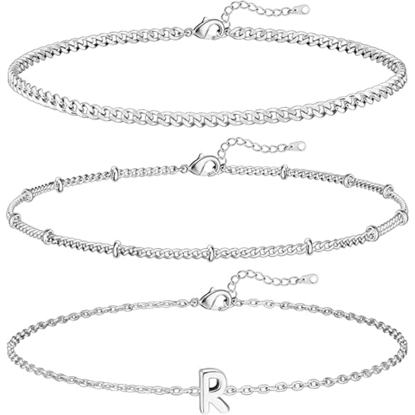 3PCS Hvitgull Initial Armbånd for Kvinner Dainty 14K Gull Armbånd Stack Brev Link Charm A-Z Monogram Armbånd Anti Tarnish Smykker Gaver R