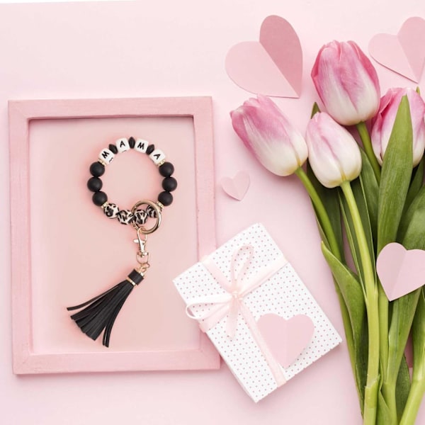 Silikonperle Armbånd Nøglering Håndledsrem Nøglering Bangle Kæder til Kvinder med Læder Kvast Mama-leopard and Black