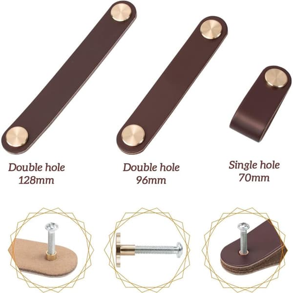 4 møbelknotter, møbelhåndtak i skinn (brun, 128 mm)