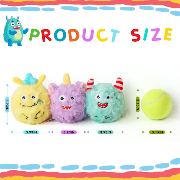 DKING 3-pak Squeaky Hundefballer, 2 i 1 Morsomme Valpeballleker, Bursdags Hundefilek for Små og Mellomstore Hunder (Monster Ball) 3