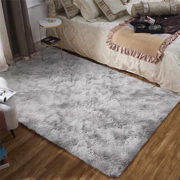 Grå ryamatta, mjuk långluggmatta, halkfri, för vardagsrum och sovrum, 80 x 120 cm, grå och vit