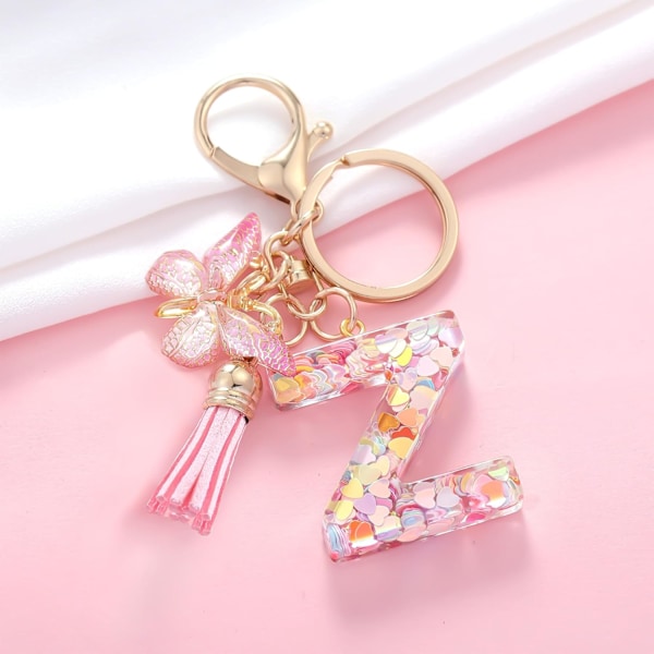 Mode Alphabet Initial Bogstav Nøglering Tassel Butterfly Vedhæng Nøglering til Pung Håndtasker Kvinder Pige Pink Butterfly Letter Z