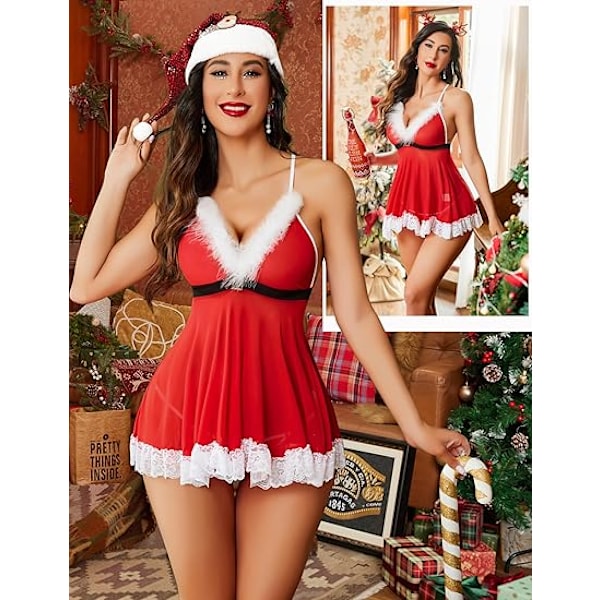 Juleundertøy for kvinner - Rød Santa Babydoll og Chemise-sett S