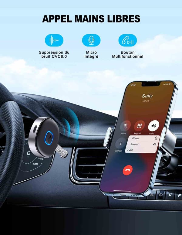 Bluetooth 5.3 bilstereo-mottaker trådløs AUX-adapter for høyttalerlydsystem hodetelefoner