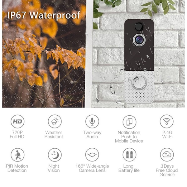 Trådløs Dørklokke, Trådløs Videodørklokke med Dørklokke, 1080P FHD, PIR Menneskelig Detektion, 6400mAh Batteri, 170° Synsvinkel, IP66 Vandafvisende