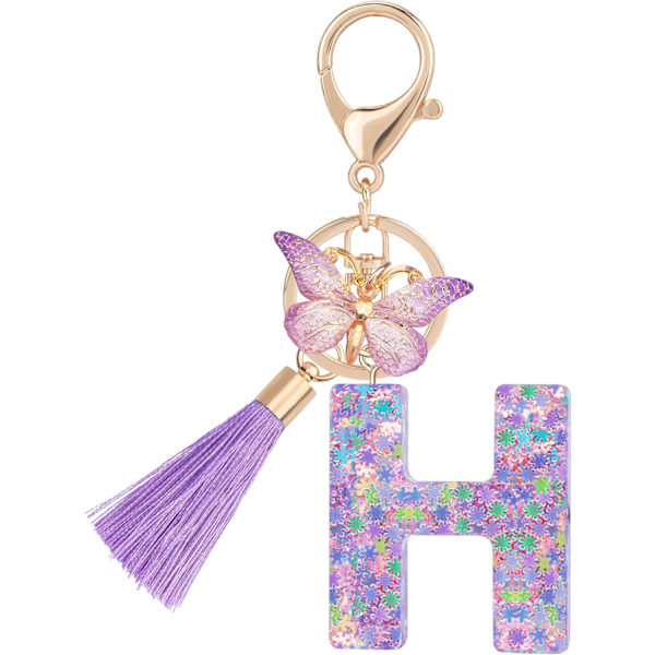 Sööt roosad võtmehoidjad naistele ja tüdrukutele, algustähega võtmehoidjad tutiga, ripatsid võtmetele, rahakotile, käekottidele ja seljakottidele Purple Butterfly Letter-h