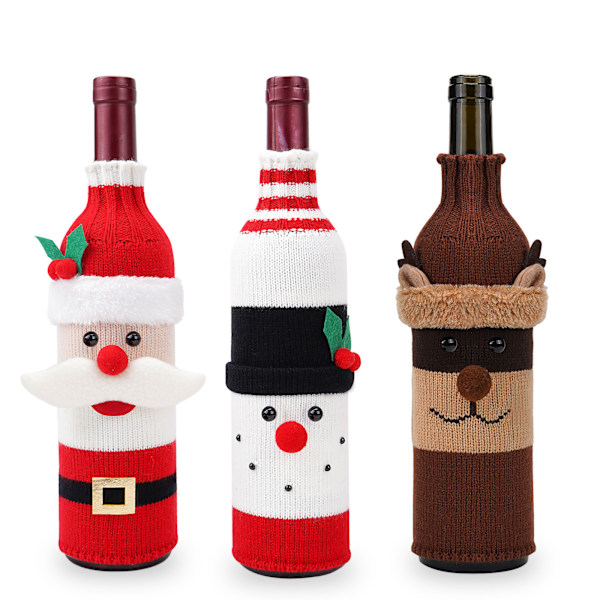 3pcs Christmas Wine Bottle Sleeves - Adorable Elder, Snowman and Elk - themed Knitted Covers for Festive Restaurant, Party Decoration