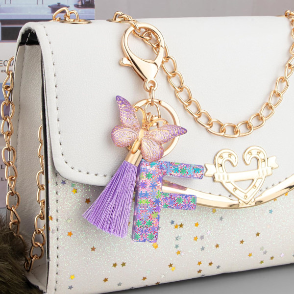 Sødt Rosa Nøglering til Kvinder Piger, Initialbogstav Nøglering med Kvast, Charms til Nøglepung Håndtasker Rygsække Purple Butterfly Letter-f