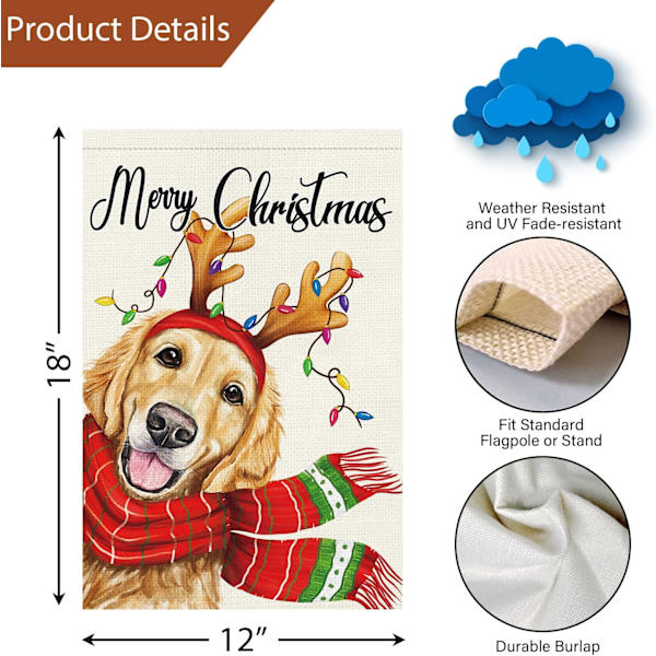 Glædelig Jul Haveflag 12x18 Dobbeltsidet, Burlap Velkommen Vinter Jul Golden Retriever Hund Havegård Flag (KUN FLAG) Christmas