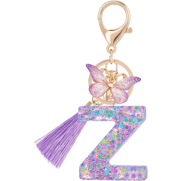 Sööt roosad võtmehoidjad naistele ja tüdrukutele, algustähega võtmehoidjad tutiga, ripatsid võtmetele, rahakotile, käekottidele ja seljakottidele Purple Butterfly Letter-z