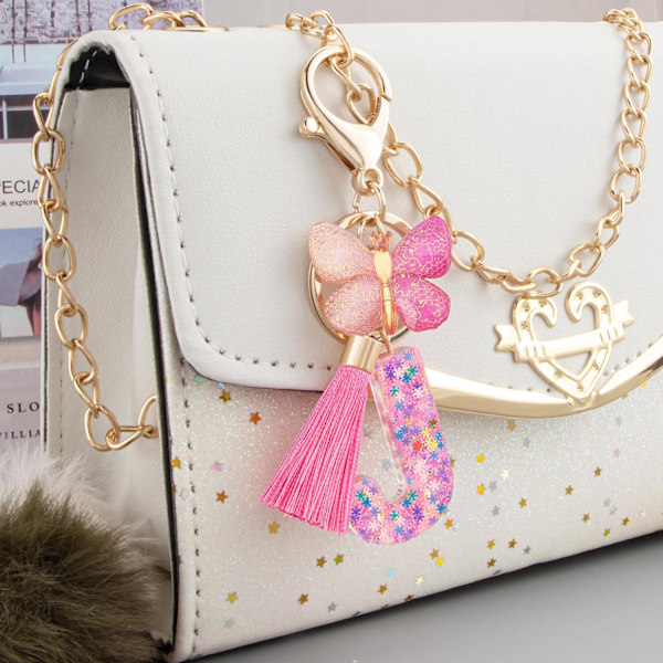 Sødt Rosa Nøglering til Kvinder Piger, Initialbogstav Nøglering med Kvast, Charms til Nøglepung Håndtasker Rygsække Colorful Pink Butterfly-j
