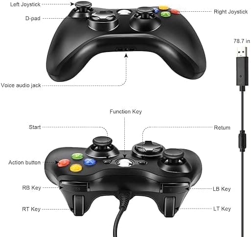 Xbox 360 og PC-kompatibel controller med sort USB-kabel. Joystick/joypad controller ⋆ Plug & Play ⋆ Indbygget dobbelt vibration ⋆ Lang og holdbar