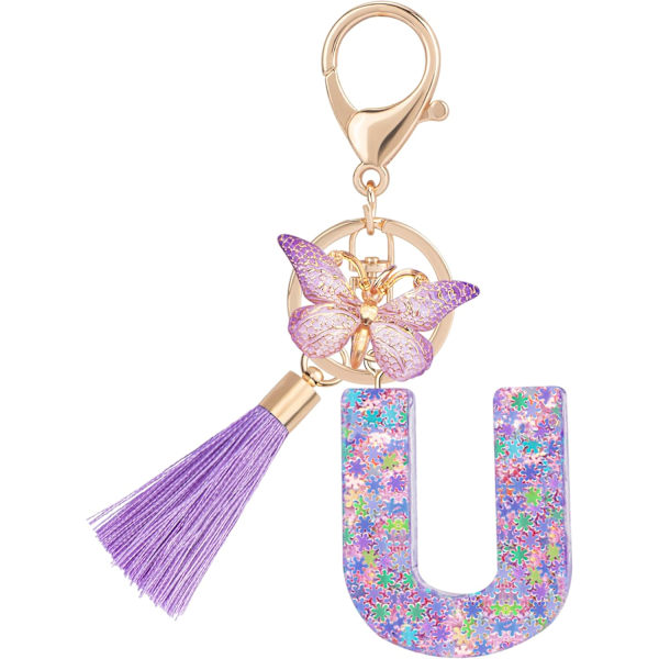 Sødt Rosa Nøglering til Kvinder Piger, Initialbogstav Nøglering med Kvast, Charms til Nøglepung Håndtasker Rygsække Purple Butterfly Letter-u