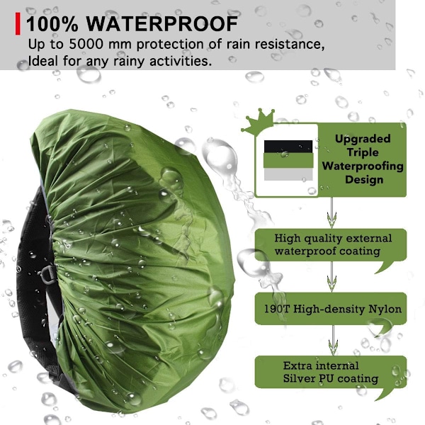 Vanntett Ryggsekk Regndeksel, 8000mm Vanntett Nivå, Oppgradert Ultrasterk Flerelagsstruktur, Army Green L (For 35L-50L Ryggsekk) Army Green L