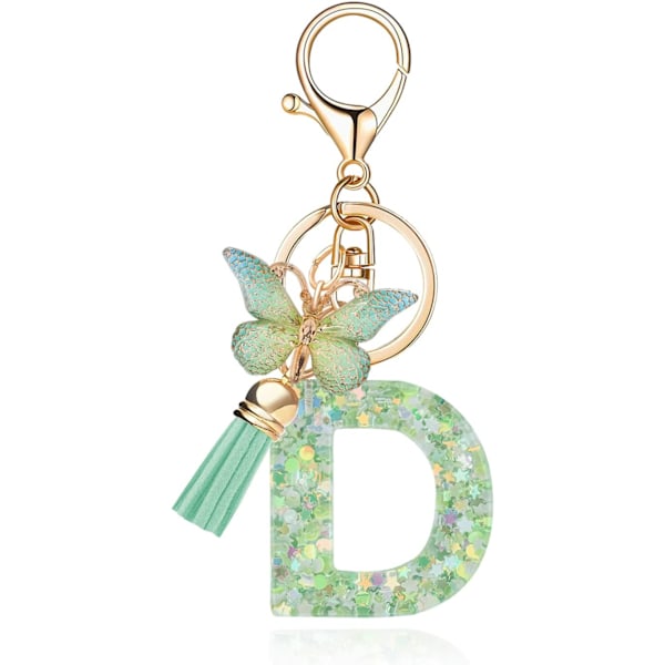 Mode Alphabet Initial Bogstav Nøglering Tassel Butterfly Vedhæng Nøglering til Pung Håndtasker Kvinder Pige Green Butterfly Letter D