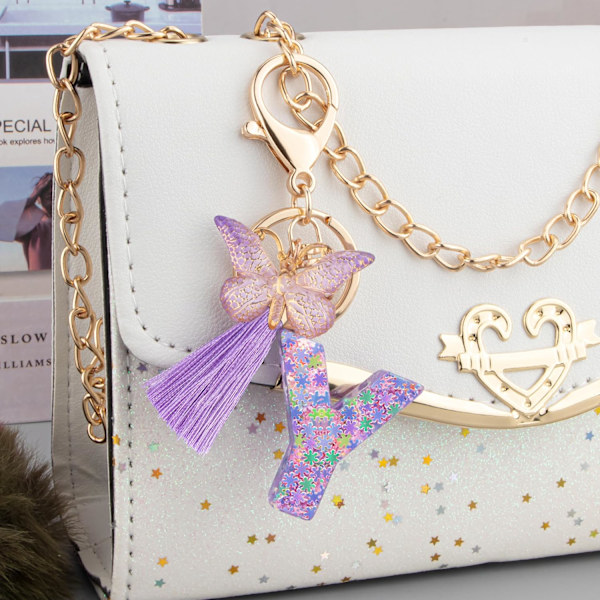 Sødt Rosa Nøglering til Kvinder Piger, Initialbogstav Nøglering med Kvast, Charms til Nøglepung Håndtasker Rygsække Purple Butterfly Letter-y