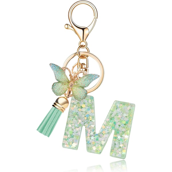 Mode Alphabet Initial Bogstav Nøglering Tassel Butterfly Vedhæng Nøglering til Pung Håndtasker Kvinder Pige Green Butterfly Letter M