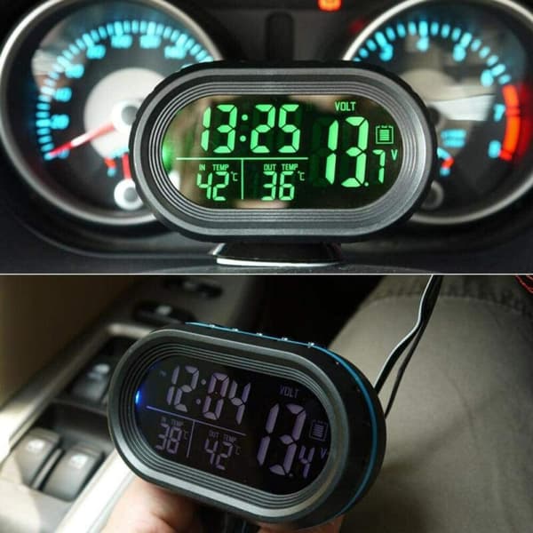 Grønt digitalt termometer, ur, bilvoltmeter, 4-i-1 alarm, spændingsovervågning, LCD-baggrundsbelysning, display