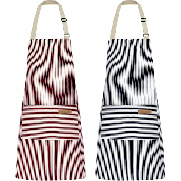 2 Pak Køkken Kogeforklæder, Justerbar Bib Blød Kokkeforklæde med 2 Lommer til Mænd Kvinder Blå Pinstripes/Pink Pinstripes E