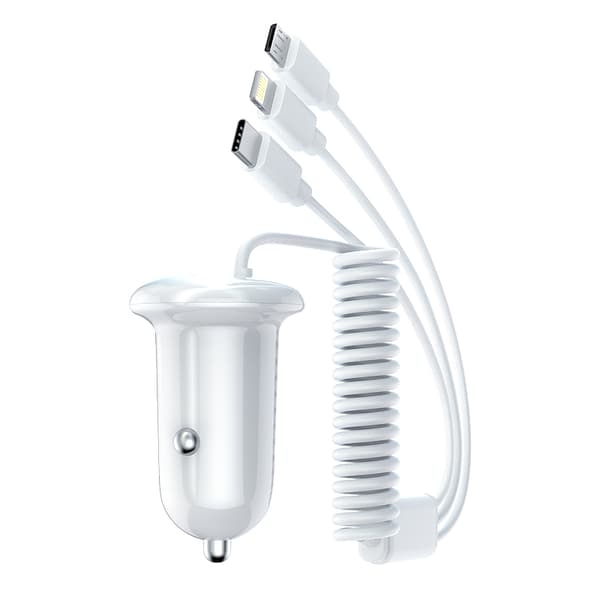 3-i-1 Mini Billader 15W Dobbel Port med Micro USB Type-C og iOS Kabel Hvit white