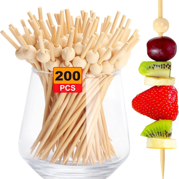 200 st Mini Fruktpinnar Engångs 12cm med Vit Skaft och Naturligt Trä - Färgade Små Runda Pärlor för Snygg Fruktnjutning