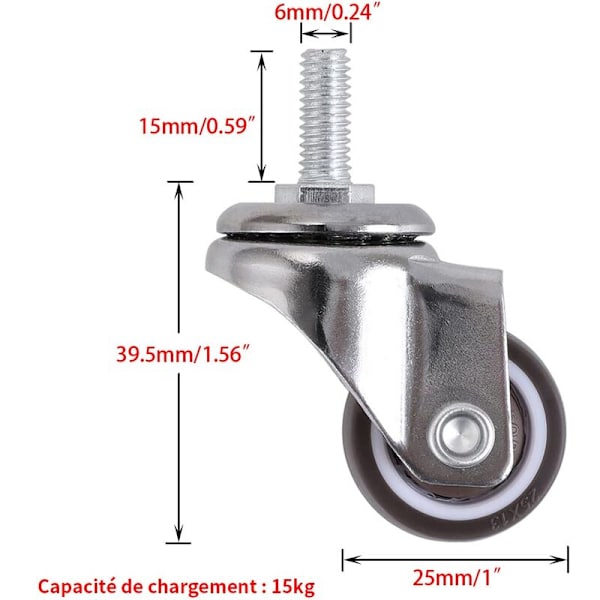 Svinghjul, 25 mm Møbelhjul med M6 × 15 Stang, Gummi Svinghjul, til Vogne, Trolley, Baby Seng, Møbler, Bord, Belastningsevne 15 kg